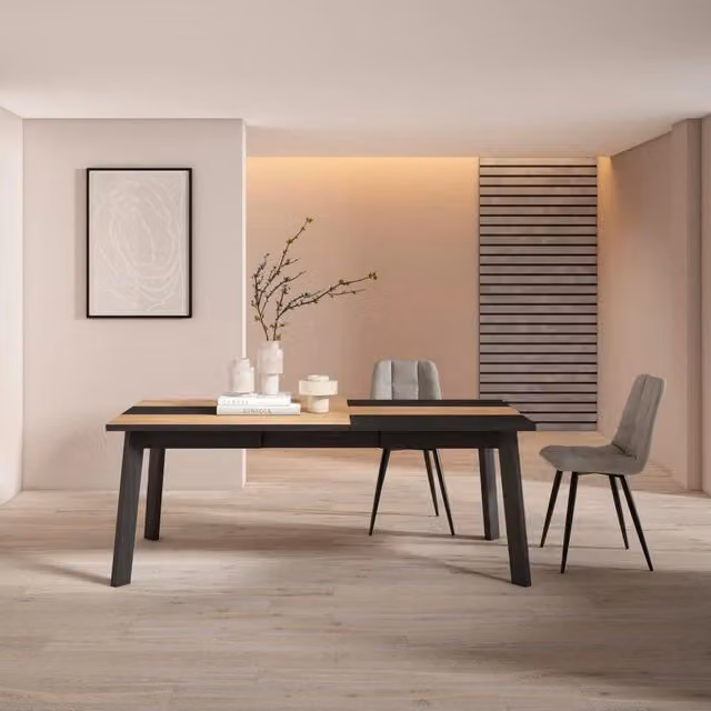 Tavolo da Pranzo, 194x90x74cm, Per 10 persone, Gambe in legno, colore Rovere e nero RF2911