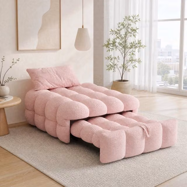 Pouf letto trasformabile ULEVR 183x76x42 cm 2 in 1, divanetto letto singolo in tessuto teddy rosa