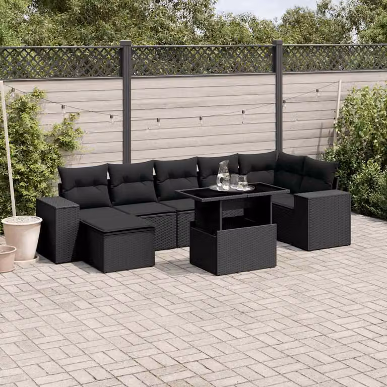 Set Divani da Giardino a L vidaXL in Polyrattan Nero con Cuscini e Tavolino da Esterno
