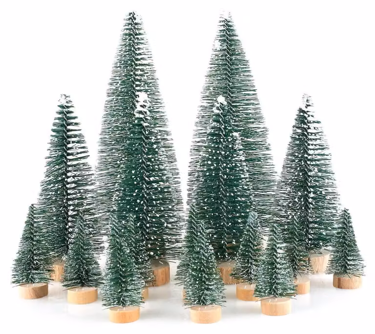 Mini alberelli di Natale decorativi, 16 pezzi, verde artificiale, effetto gelo, dimensioni 4,5/10/15 cm