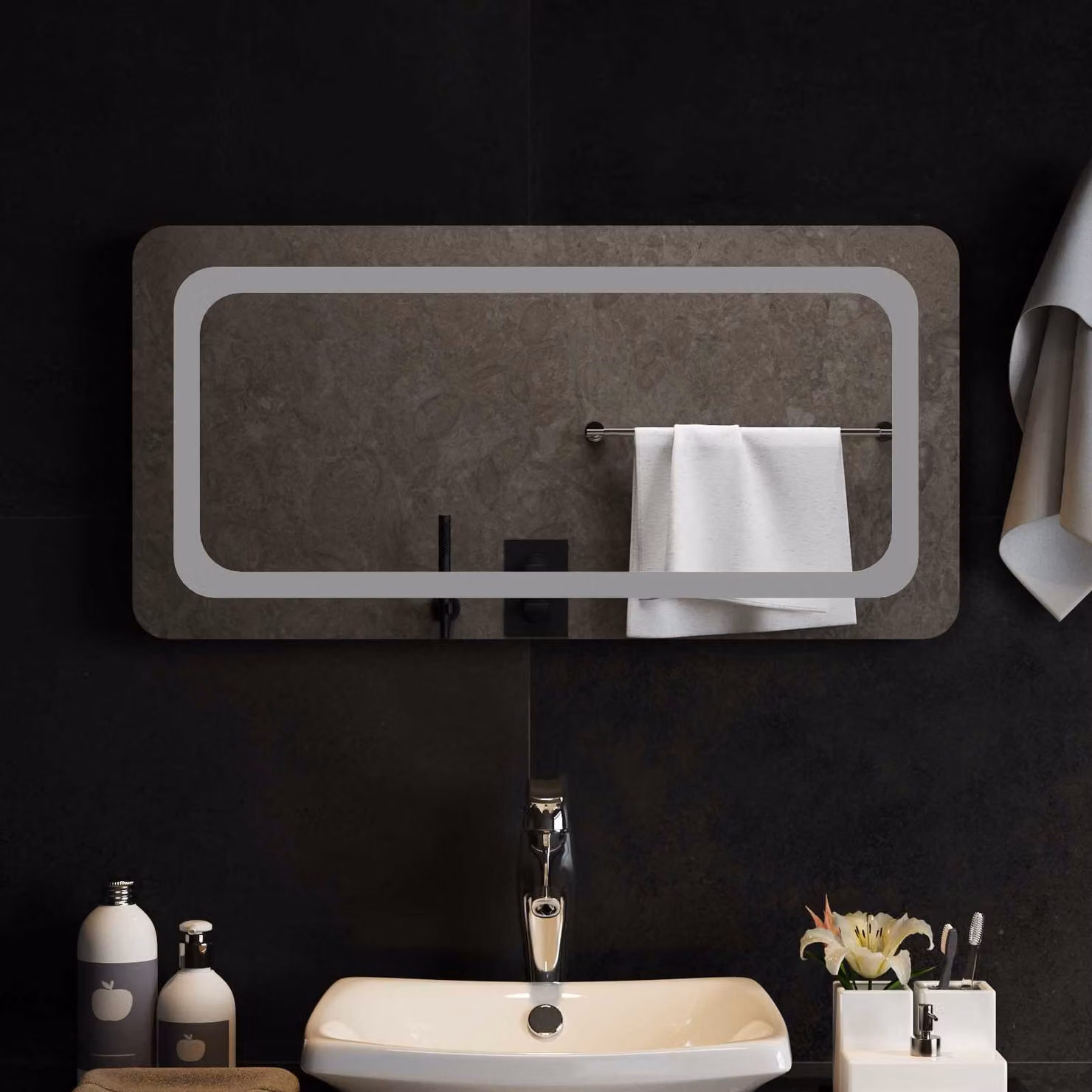 Specchio da bagno moderno vidaXL con illuminazione LED in vetro temperato, L 80 cm x P 40 cm, colore trasparente/grigio