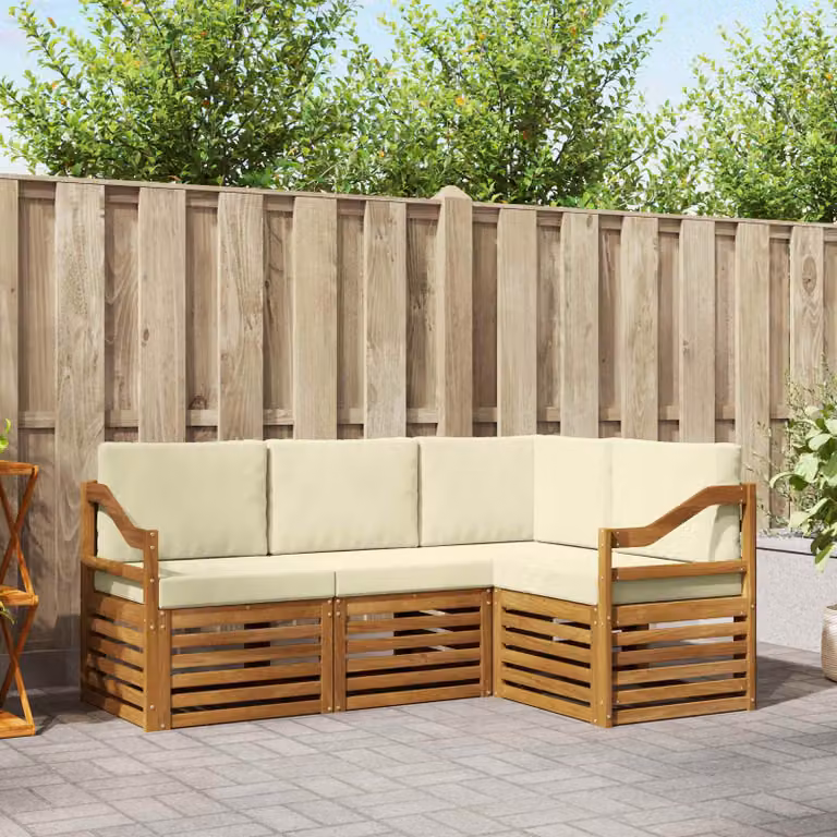 Set di divani da esterno vidaXL 4 pezzi a forma di L in legno di acacia con cuscini beige e crema in poliestere resistente ai raggi UV