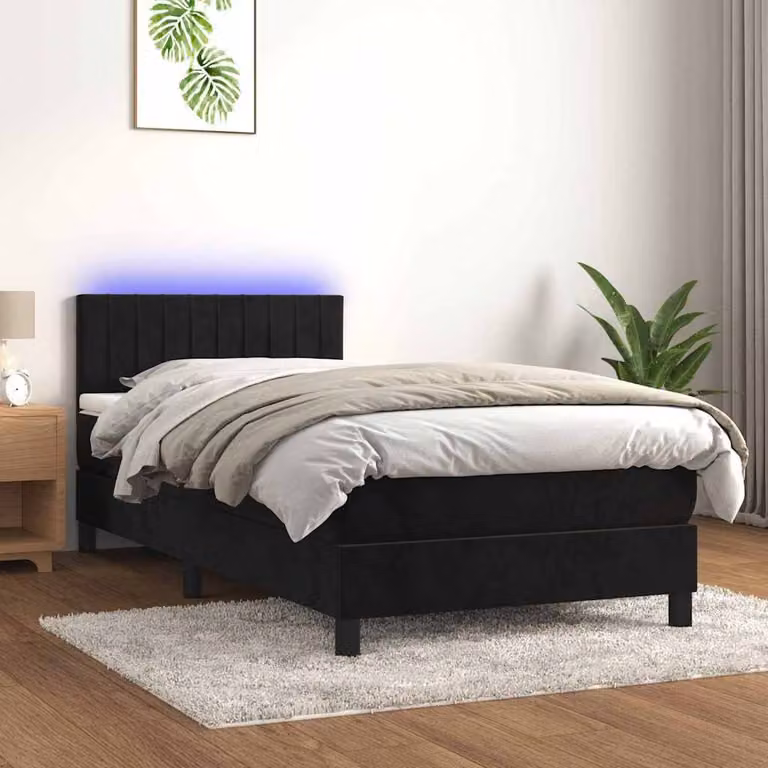 Letto Ibrido vidaXL con Materasso, Illuminazione LED e Porte USB in Velluto Nero, L/P: 90 x 190 cm