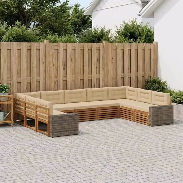 Set di divani da esterno a forma di U vidaXL in legno di acacia e tessuto beige con cuscini inclusi