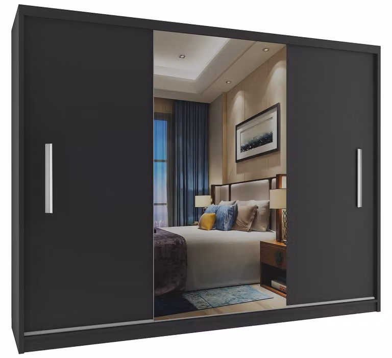 BELINI Verona, armadio scorrevole da 232 cm, nero opaco - armadio con specchio e asta appendiabiti, ideale per la camera da letto