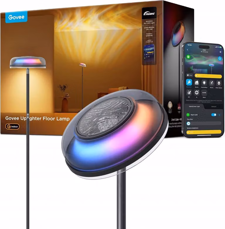 Lampada da terra Govee per soggiorno con illuminazione diffusa RGBICWW, lampada da terra con illuminazione a tre zone, oltre 80 modalità di scena, 2700-6500k, 1000LM, Matter e Alexa