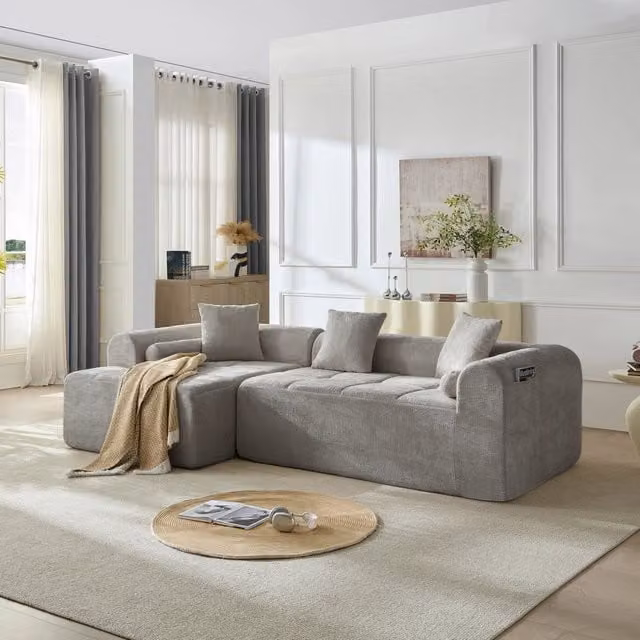 Divano con seduta a molle e schiuma ad alta densità; tasca laterale; in chenille grigio chiaro