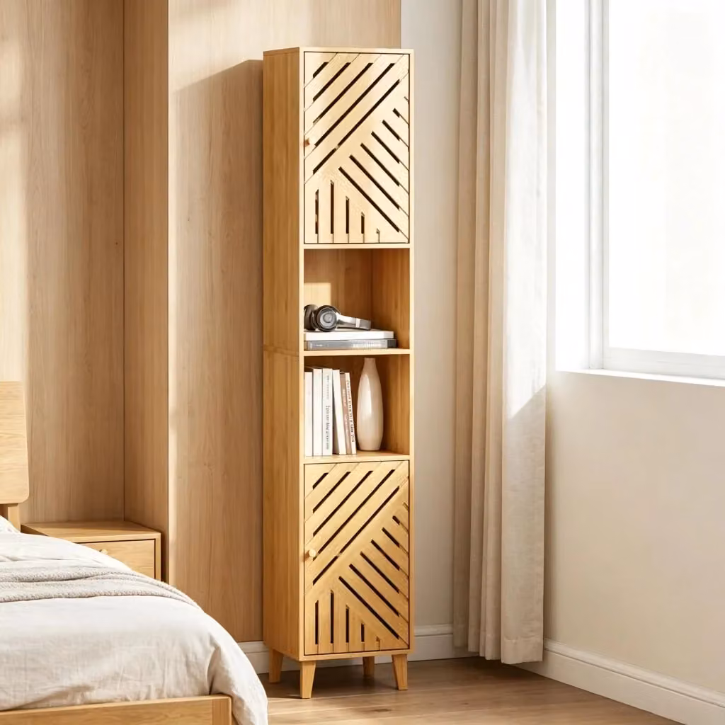 Mobile alto da bagno WISHDOR in bambù e legno, moderno con ante e ripiani aperti, marrone e beige, H: 170 cm, L: 30 cm, P: 30 cm – 2