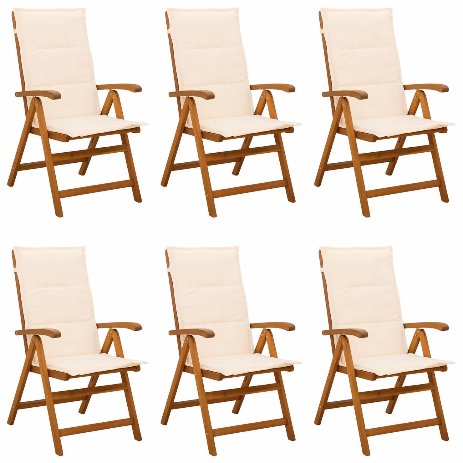 Set di 6 sedie da giardino reclinabili vidaXL in legno di acacia naturale con cuscini beige e bianchi