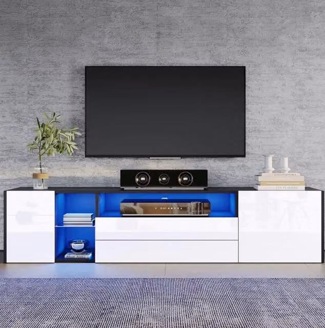 Mobile TV 180x40x45 cm con LED; 2 cassetti e 2 vani; bianco/nero