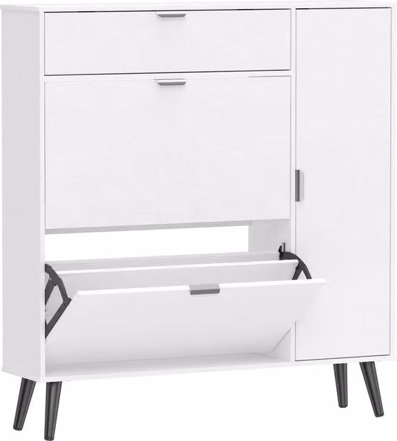 Scarpiera stretta HOMCOM con 2 scomparti ribaltabili e ripiani regolabili, ante effetto pelle litchi, Bianco, L: 99,4 cm, P: 23,8 cm, H: 106,6 cm – 1