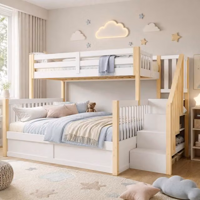 Letto a castello Mivray a due livelli con vano contenitore a sollevamento e scala contenitore, colore bianco e naturale, L/P/H: 253 x 146,5 x 150 cm (90x200 cm e 140x200 cm)