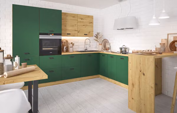 Mobile cucina a L "Silver" cucina componibile 300x185cm estensione parziale rovere artigianale - verde pino