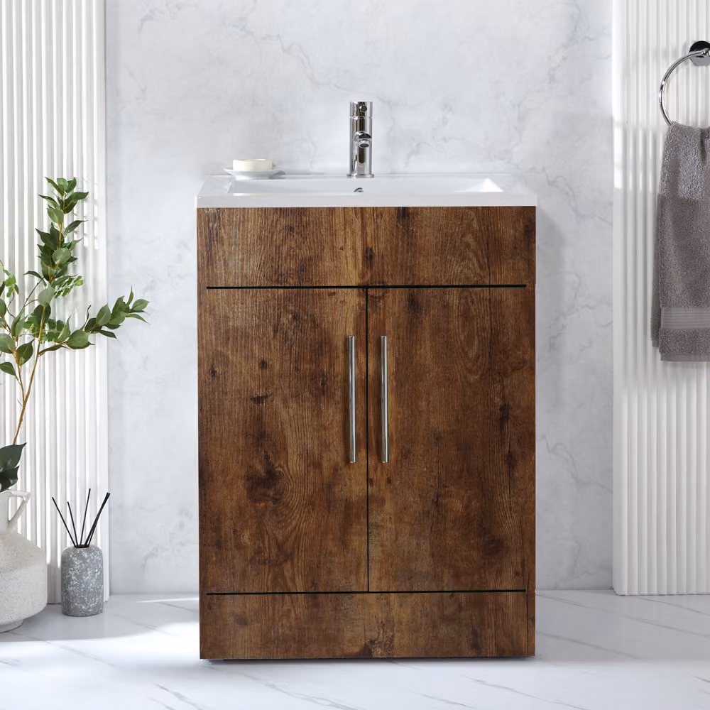 Mobile Bagno a Terra Rovere Scuro da 610mm con Lavabo e Maniglie con Barra a T Cromate - Cluo