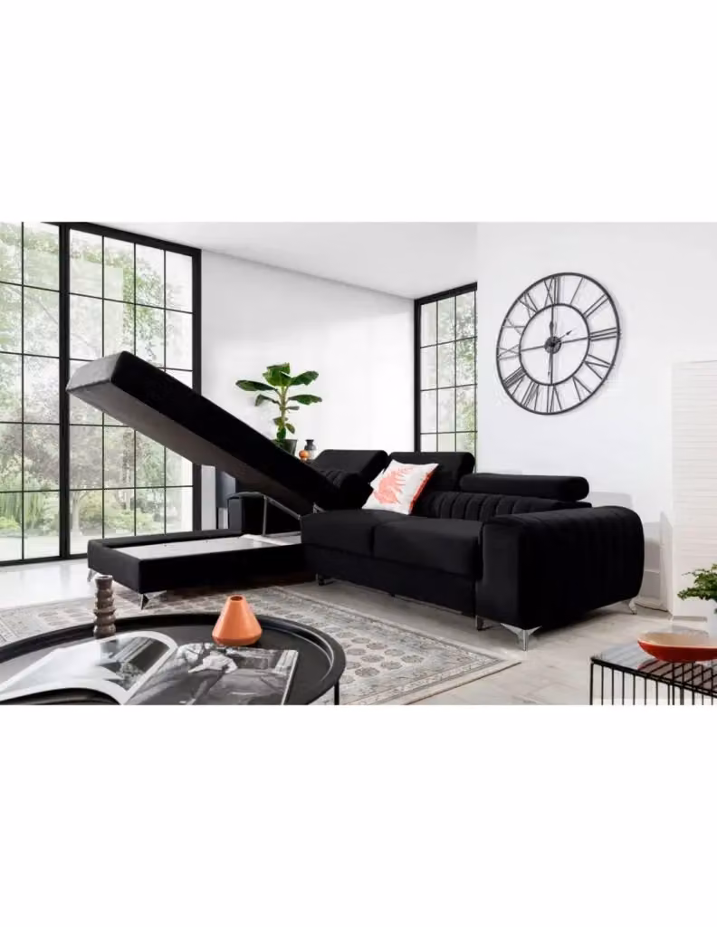 Divano angolare sinistro JAYSON MEUBLORAMA nero con funzione letto e poggiatesta regolabile, L 278 x P 205 x H 92 cm – 2