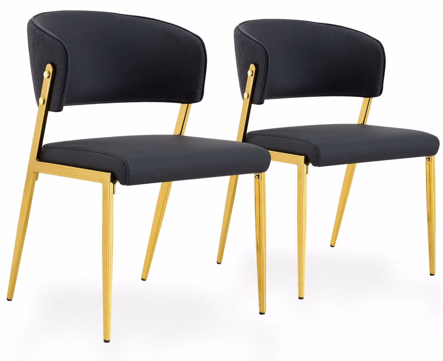 Set di 2 sedie da pranzo in ecopelle, con schienale imbottito e gambe in metallo, colore nero/oro