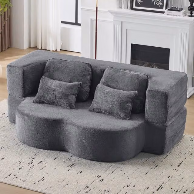 Divano Letto Pieghevole Grigio Blu ¨C Xylo ¨C Flanella, 4 Cuscini