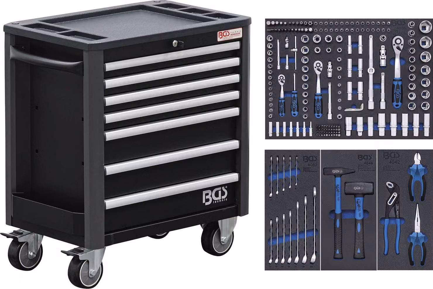 BGS Carrello da officina 7 cassetti altezza extra bassa con 209 utensili - 4140