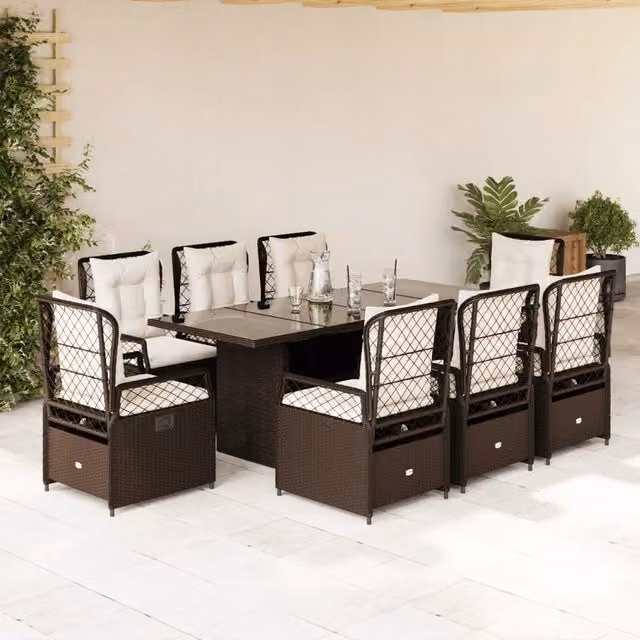 Set da pranzo da giardino vidaXL in polyrattan marrone e bianco con 9 pezzi e piano in vetro