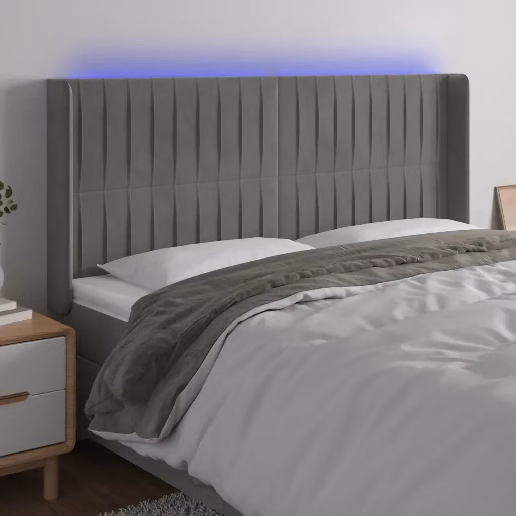 Testata per letto con illuminazione LED e porta di ricarica USB in velluto grigio chiaro L: 163 cm, P: 16 cm, H: 118-128 cm – 2