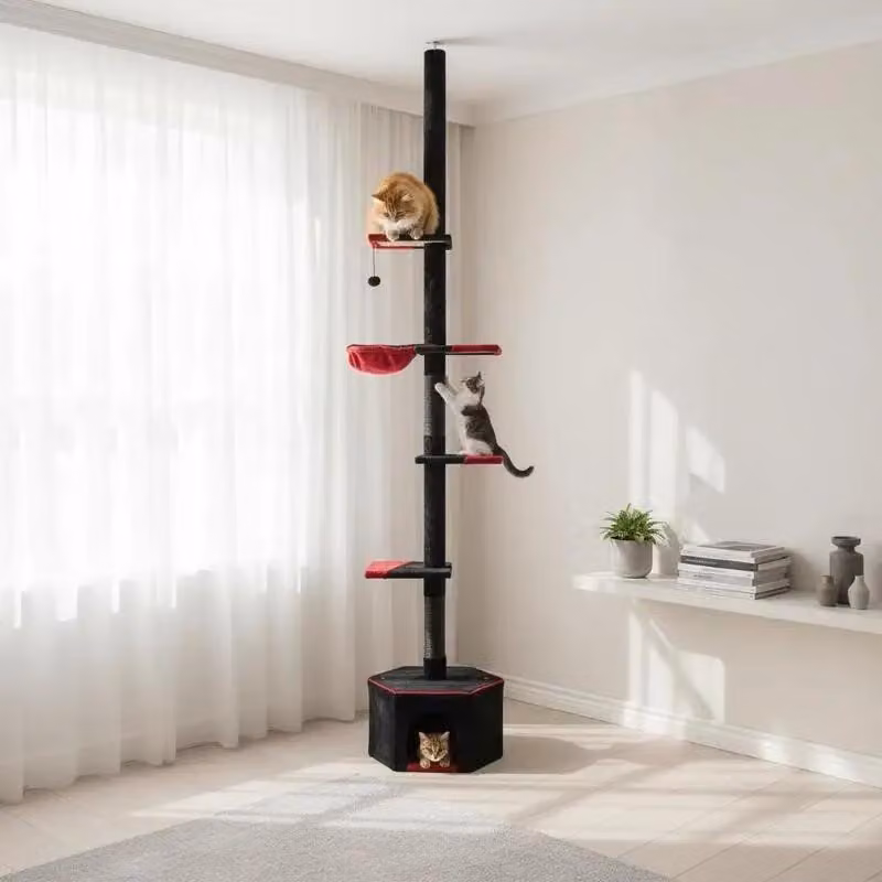 Albero per gatti regolabile, da pavimento a soffitto, colore nero