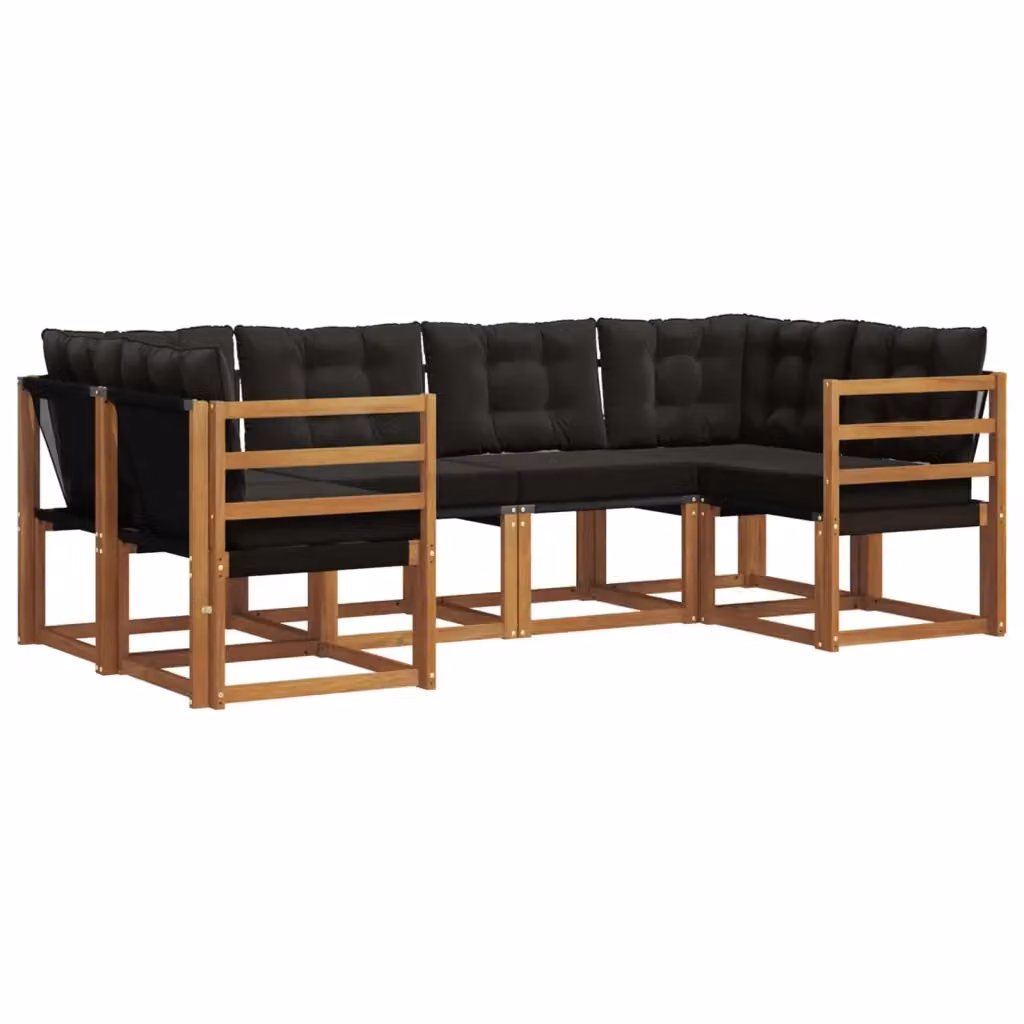 Set di divani da esterno a L vidaXL in legno di acacia con cuscini, 6 pezzi, Marrone e Nero – 2
