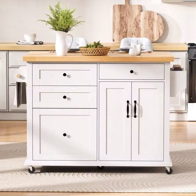 Isola da cucina su ruote con piano estraibile e cassetto 9 scomparti; bianco; 107x45-70 cm
