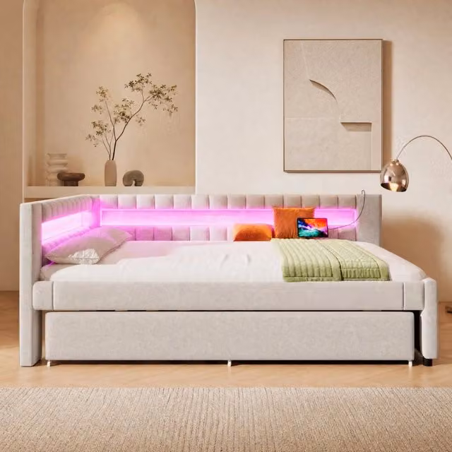 Letto Daybed estraibile REDOM in tessuto beige con illuminazione sottostante e porta USB, L: 200 cm, P: 140 cm
