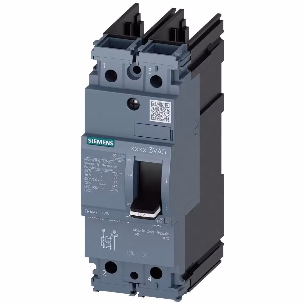 Interruttore di potenza Siemens 3VA5 UL, telaio 125, classe di capacità di interruzione M, 35 kA a 480 V, bipolare, 3VA51255ED210AA0