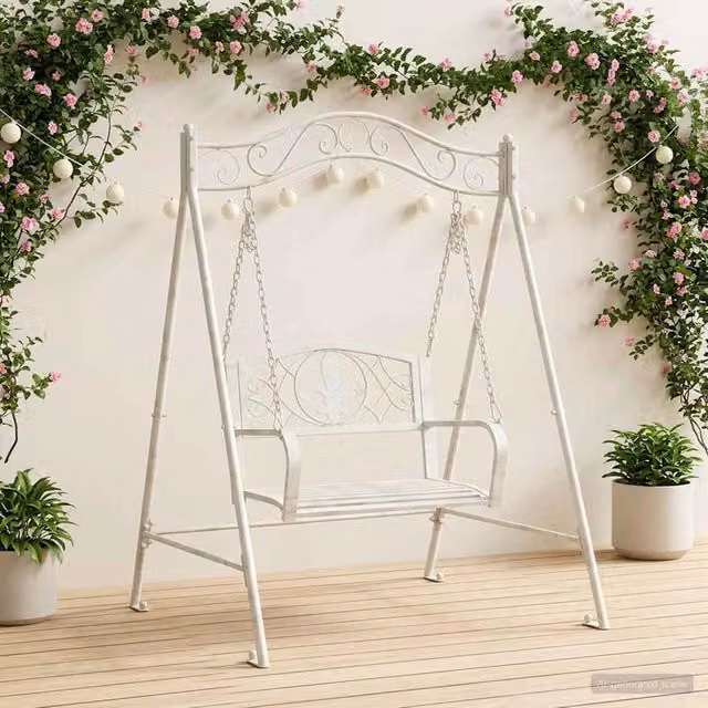Panchina a dondolo vidaXL in acciaio verniciato bianco antico per giardino e terrazzo L/P/H: 113 x 121,5 x 168 cm – 1