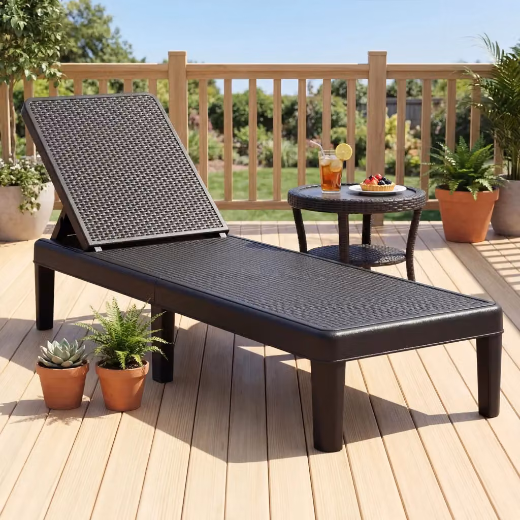 Lettino prendisole da giardino in rattan sintetico con schienale regolabile a 4 livelli, resistente alle intemperie, colore nero, portata massima 150 kg – 2