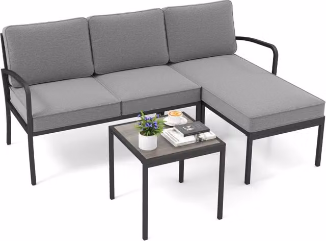 Salotto da giardino a 3 posti modulare L chaise longue tavolino, Set esterno cuscini imbottiti telaio metallo terrazza Grigio