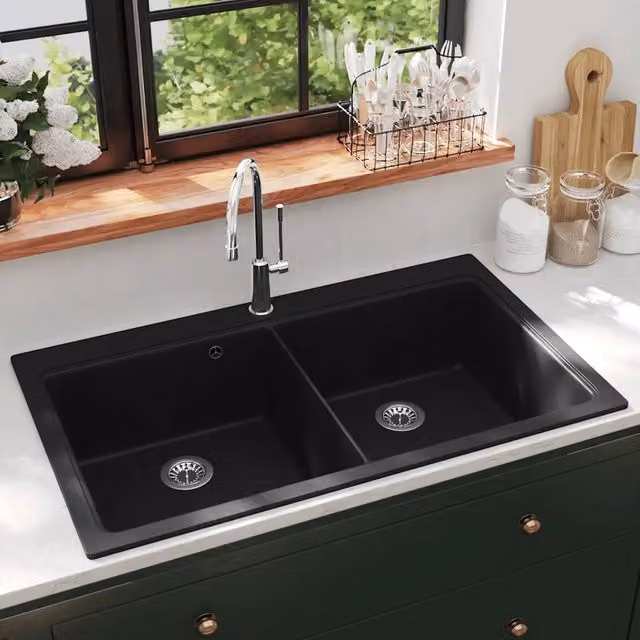 Lavandino Cucina-Lavabo-Lavello Granito Nero Doppio con Montaggio Sopra