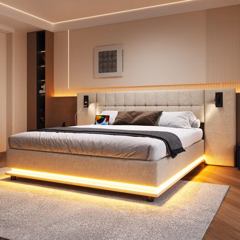 Letto imbottito Sweiko, 180x200cm, con striscia LED, testata con faretto, con USB, senza materasso, lino, beige