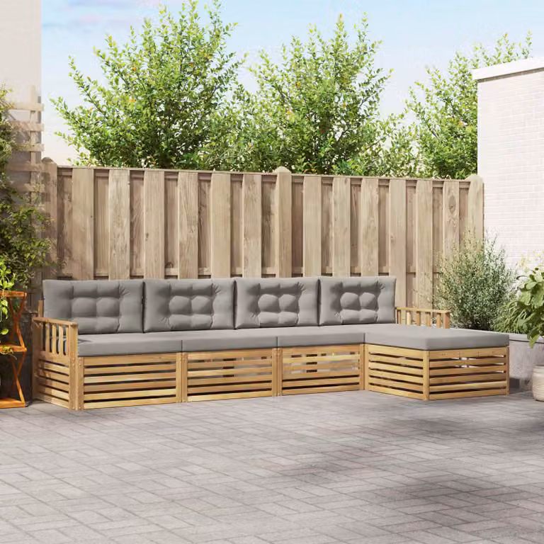 vidaXL Set di divani da esterno a L in legno di acacia con pouf, Bianco e Grigio