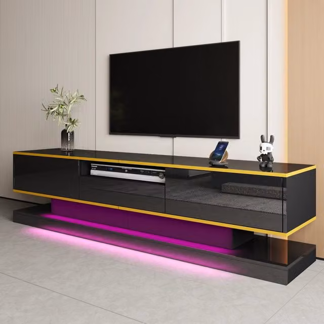 Mobile TV con tre cassetti e LED multicolore in pannello truciolare nero lucido 180 × 38 × 45 cm