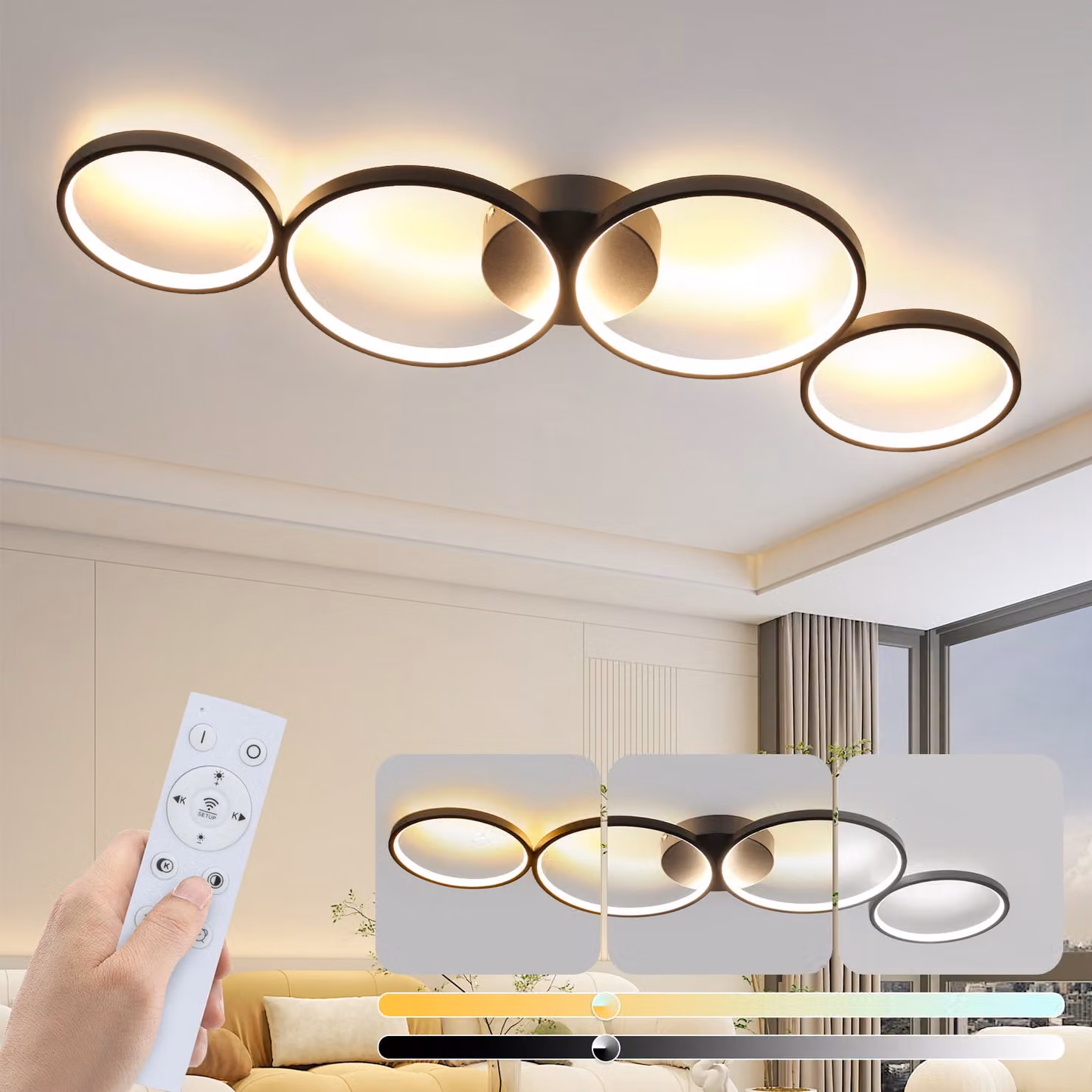 ZMH Lampada da soffitto LED Plafoniera Soggiorno Dimmerabile Lampada Soggiorno 100cm 4 Anelli Moderna Lampada da Camera da Letto 56W Plafoniera Nera con Telecomando Design per Camera da Letto Ufficio Cucina