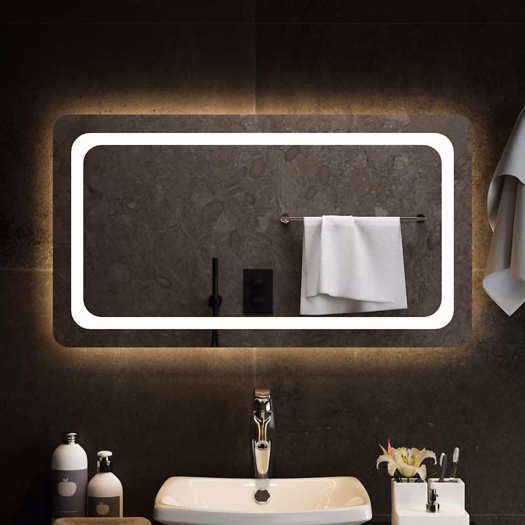 Specchio da bagno moderno vidaXL con luci LED, rettangolare, L: 90 cm, H: 50 cm