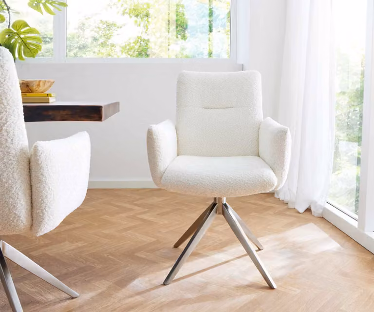 DELIFE Sedia girevole Jova-Flex con braccioli Bouclé Bianco Struttura a croce larga in acciaio inox Girevole a 360° Molle insacchettate