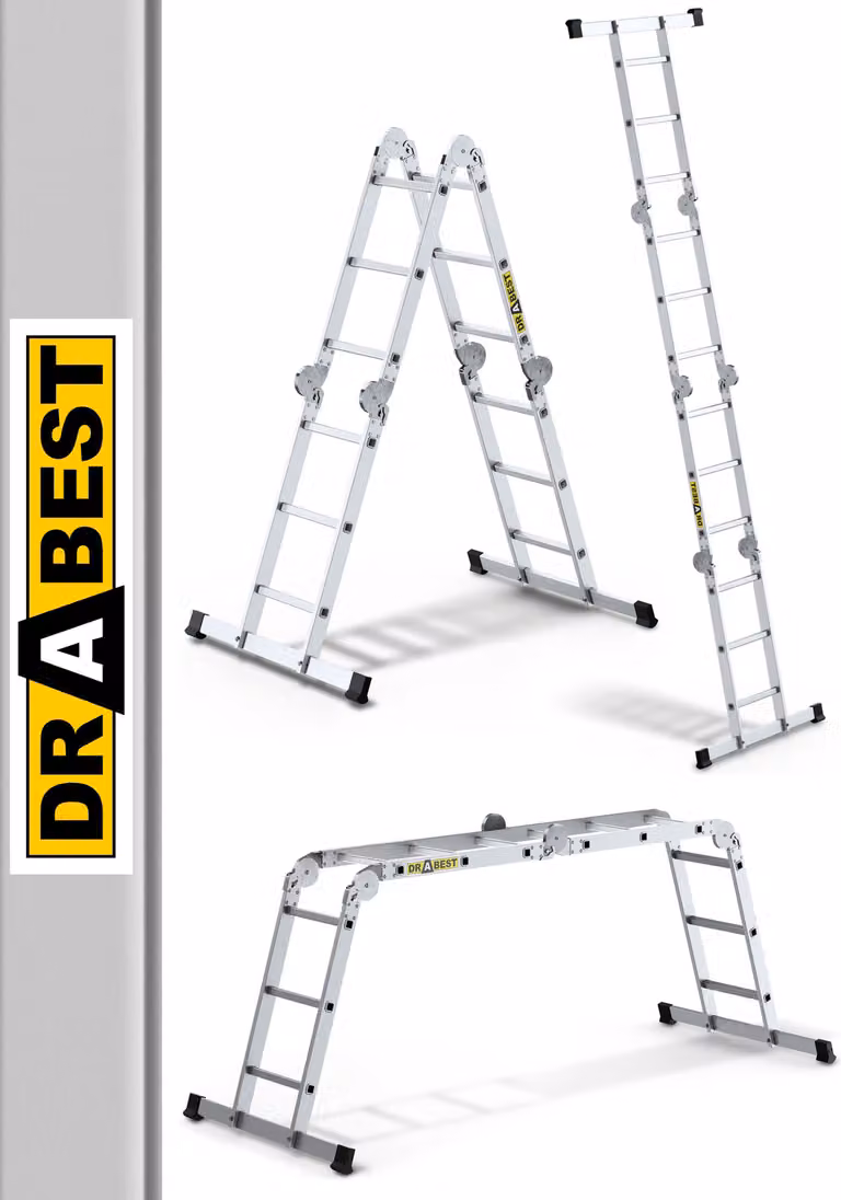 DRABEST | Scala pieghevole multifunzione in alluminio 4x3, scala 3 in 1, altezza di lavoro 4,34 m, portata 150 kg, piattaforma di lavoro, antiscivolo