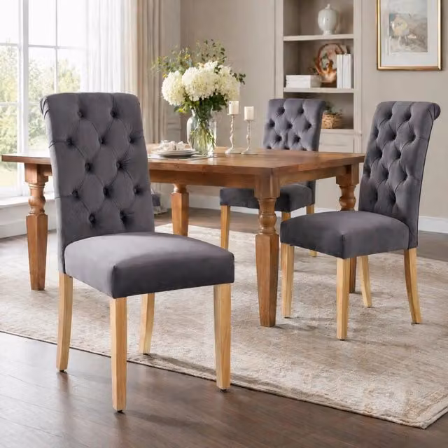 Set 2 sedie da pranzo ULEVR in velluto grigio con schienale curvo trapuntato e gambe in rovere