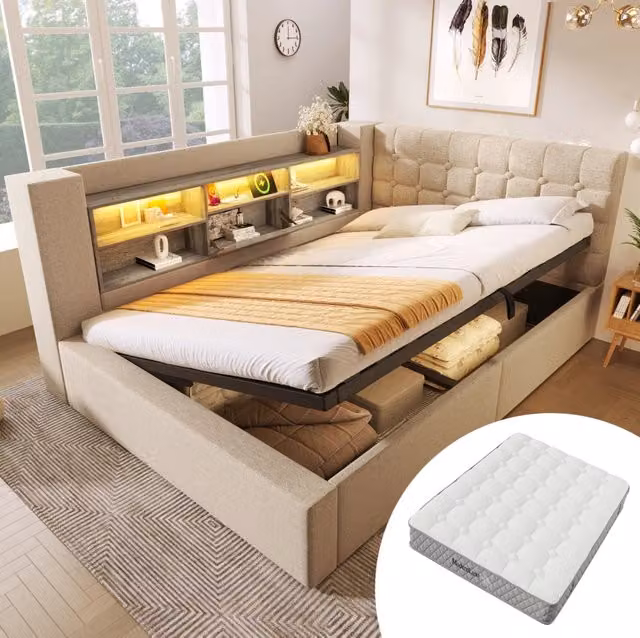 Letto imbottito 140x200 cm con illuminazione LED, contenitore idraulico e testiera a L reversibile in lino beige, con rete e materasso 7 zone ortopedico