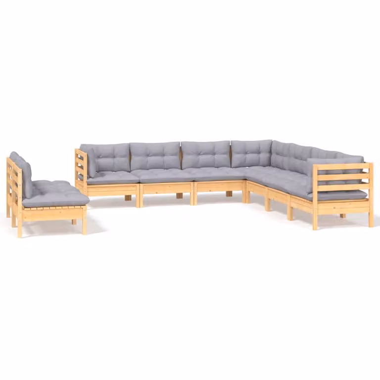 Set Divani da Giardino 9 pz con Cuscini Grigi Massello di Pino