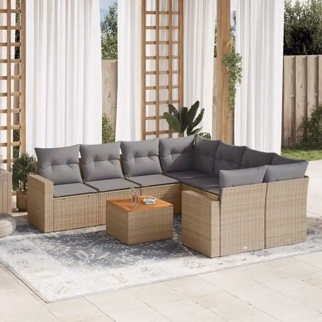 vidaXL Set Divano da Giardino a L 9 pz in Polyrattan con Cuscini Beige e Grigio – 1