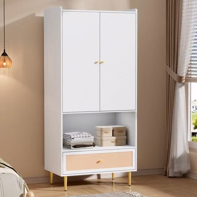 Armadio guardaroba moderno con 2 ante in rattan e cassetto, bianco, L: 80 cm, P: 48 cm, H: 175 cm