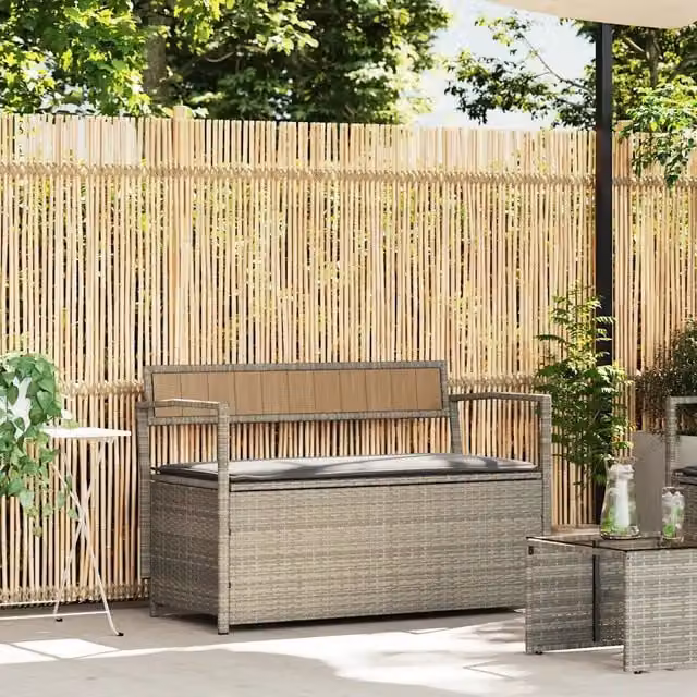 Panca portaoggetti da giardino vidaXL in polyrattan grigio con cuscini inclusi L: 111,5 cm, P: 54 cm, H: 74 cm – 1