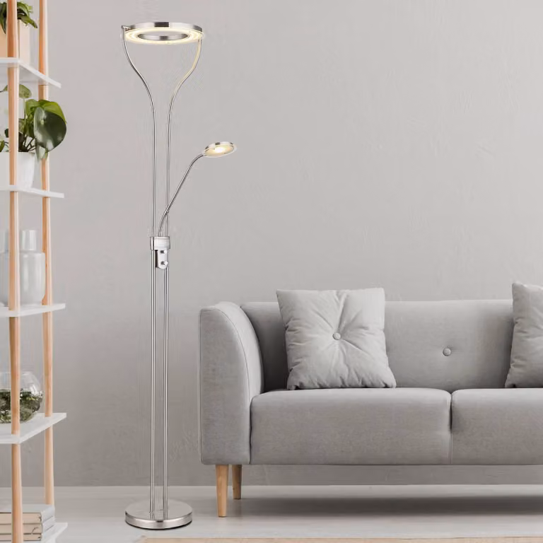Globo Lampada da terra con luce lettura Ebro, dimmerabile, Alluminio / Grigio / Zincato, Soggiorno / Sala da pranzo, Metallo, Moderno, Lampada da terra