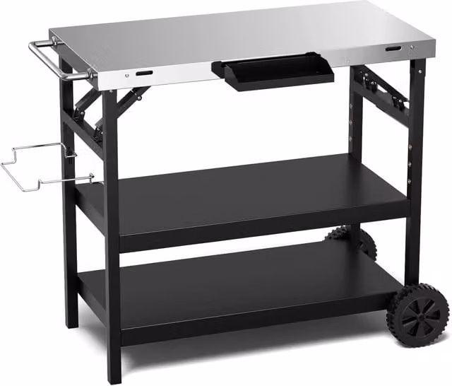 Carrello Barbecue Costway in Metallo e Acciaio Inox con 3 Ripiani, Colore Nero e Argento – 1