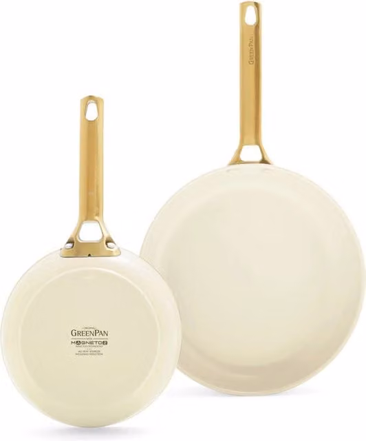 Set di padelle GreenPan Padova con rivestimento ceramico antiaderente ai diamanti, colore beige con manici dorati, diametri 20 cm e 26 cm