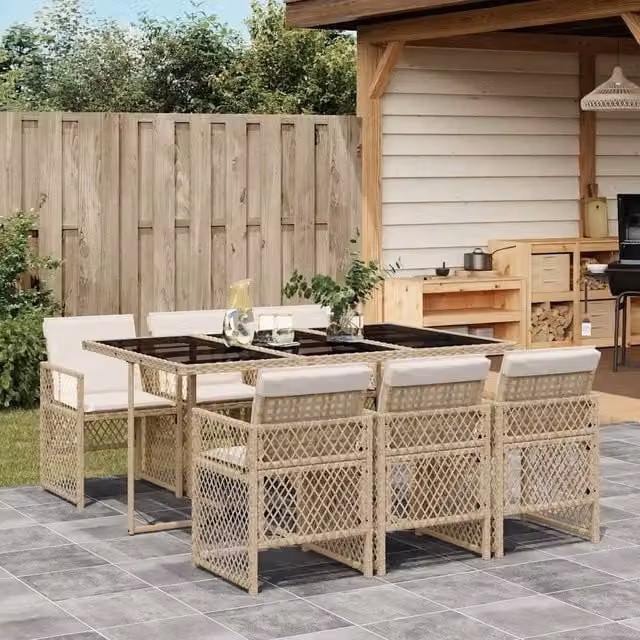 Set da Pranzo da Giardino 7 pz con Cuscini Beige in Polyrattan 3210730